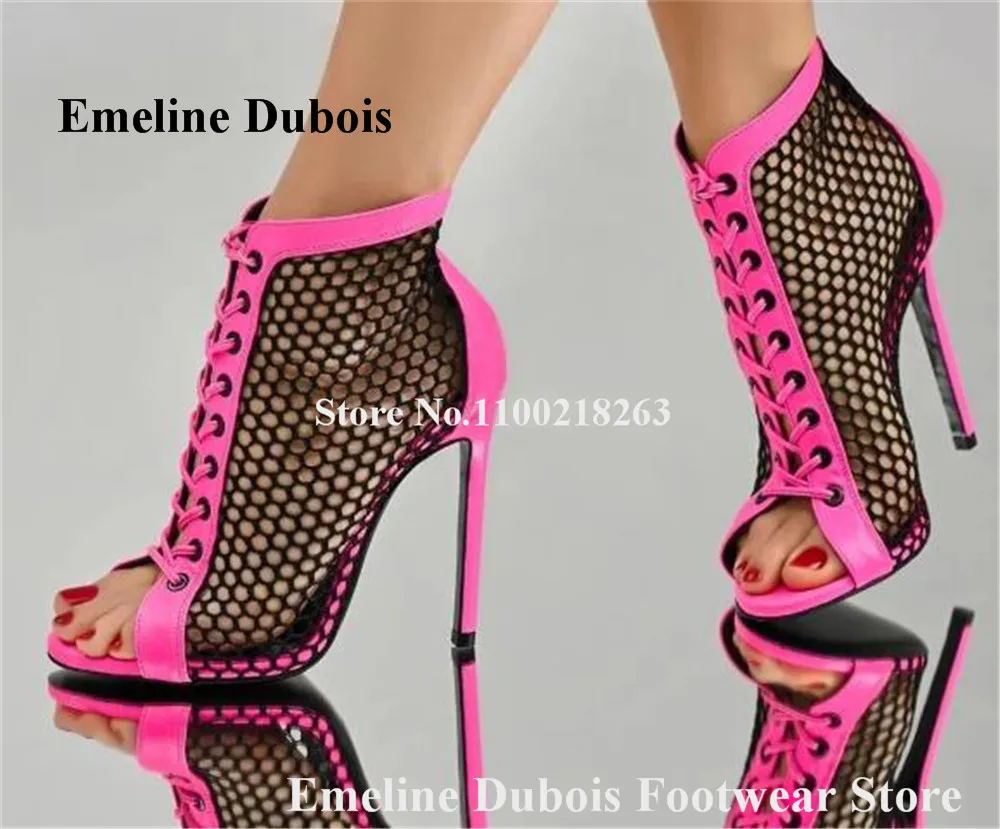 

Black Mesh Short Boots Emeline Dubois Peep Toe Pink Yellow Side Patchwork Stiletto Heel Gladiator Boots Lace-up Dress Pumps