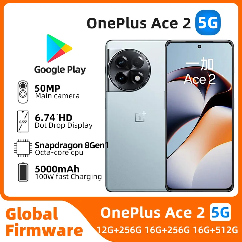 OnePlus-Téléphone portable ACE 2, écran AMOLED 3D de 6.74 pouces, smartphone d'occasion, triple caméra 50MP, Snapdragon 8 +, Octa Core, 5G Rom internationale