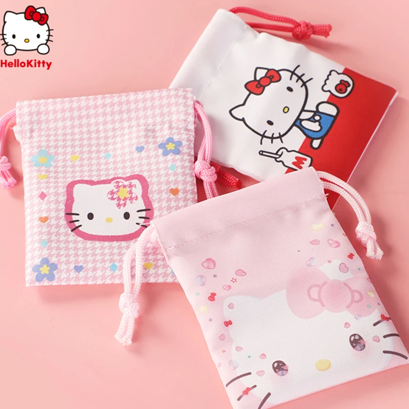 Sanrio Hello Kitty Drawstring Storage Bag Girl Heart Sweet Cute Cartoon Clutter Organizer Small Cloth Bag Portable Gift for Kids