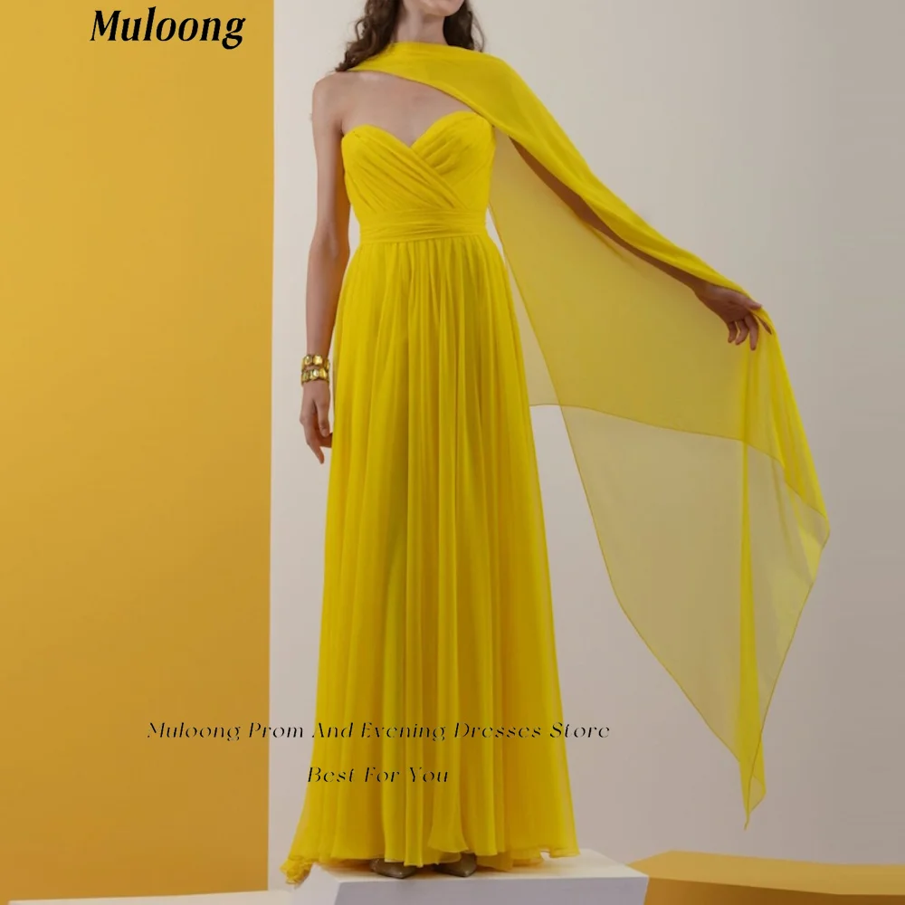 Muloong Yellow Strapless A Line Midi Dress Chiffon Floor Length One Shoulder Flowy Design Special Event Dress With Pleated