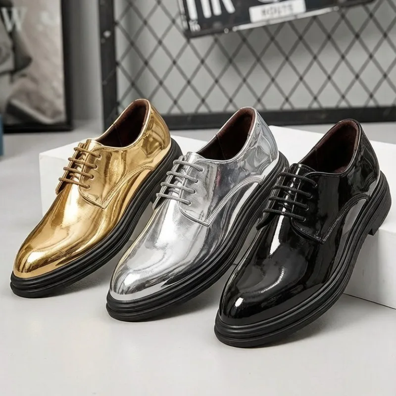 37-48 Men's Dress Shoes Black Silver Golden Blue Purple Green Patent Leather Derby Shoes for Man Platform Formal Shoes for Man