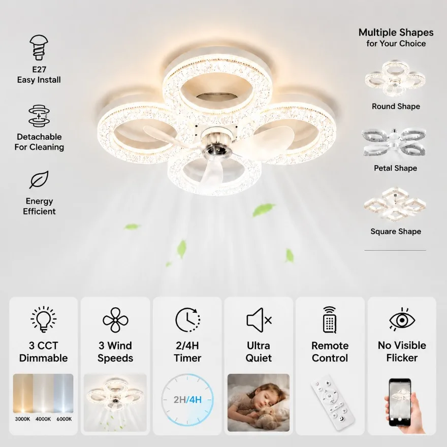 Modern Ceiling Fan Lamp Dimmable 3 Color Temp Remote Control Silent LED Light 3Speeds For Bedroom Dining Area Home Cooling Decor