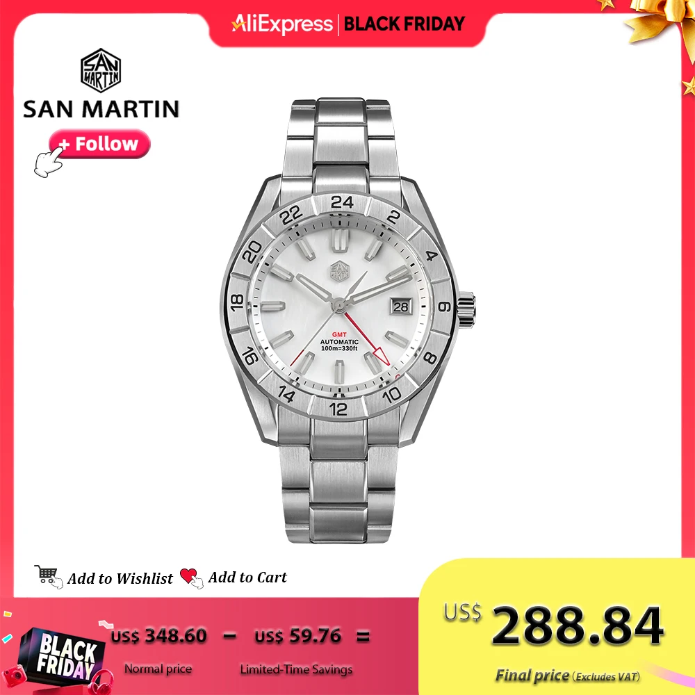 

San Martin 42 мм Роскошные китайские мужские часы из нержавеющей стали NH34 GMT Автоматические механические часы Швабра с циферблатом Водонепроницаемые 10 бар SN0130