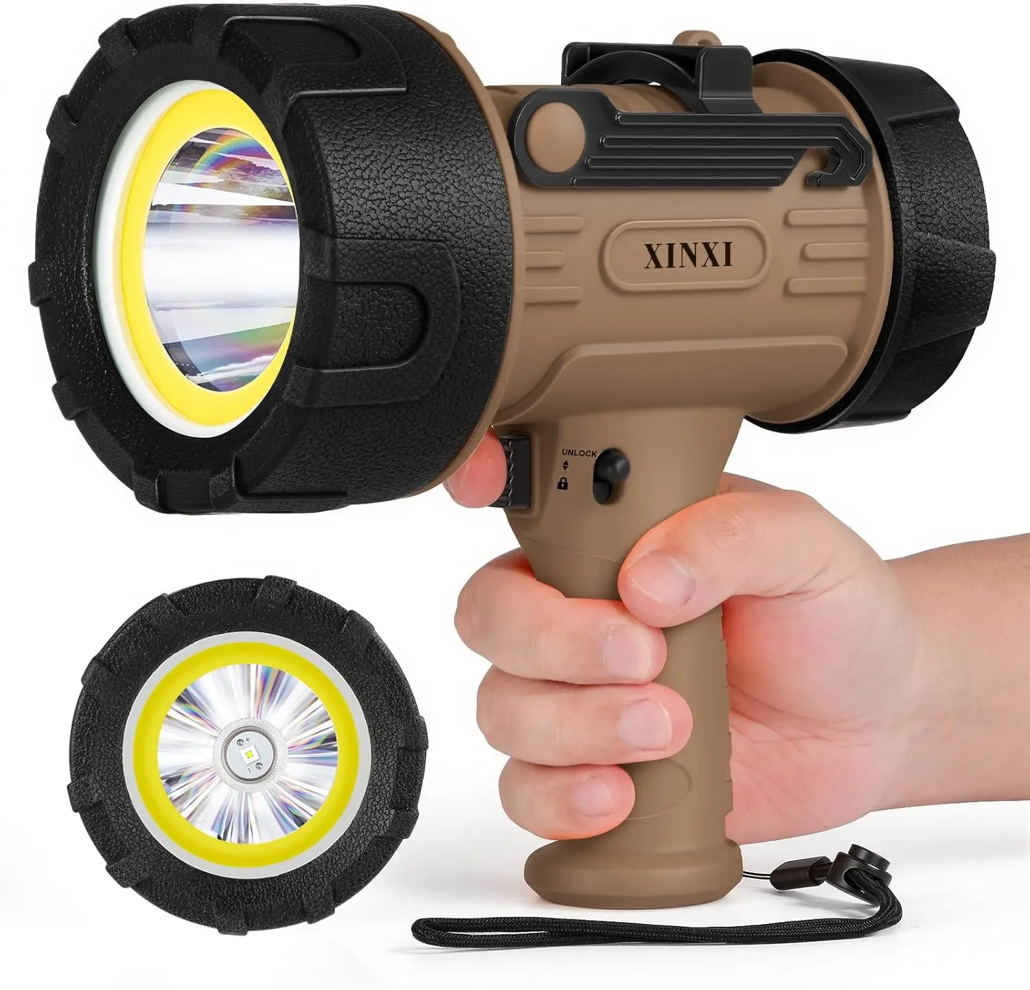 

Rechargeable Spotlight 1,000,000 Lumens with COB Floodlight, IP67 Waterproof Flashlight for Hunting Fishing Outdoor