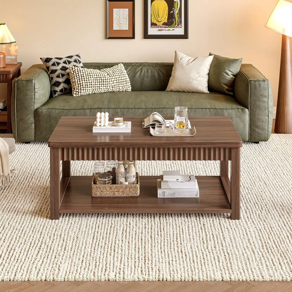 طاولة قهوة، طاولات قهوة حديثة مقاس 39 بوصة لغرفة المعيشة مع مساحة تخزين بطبقتين وحافة مموجة، طاولة مركزية من خشب الجوز لغرفة النوم/المكتب