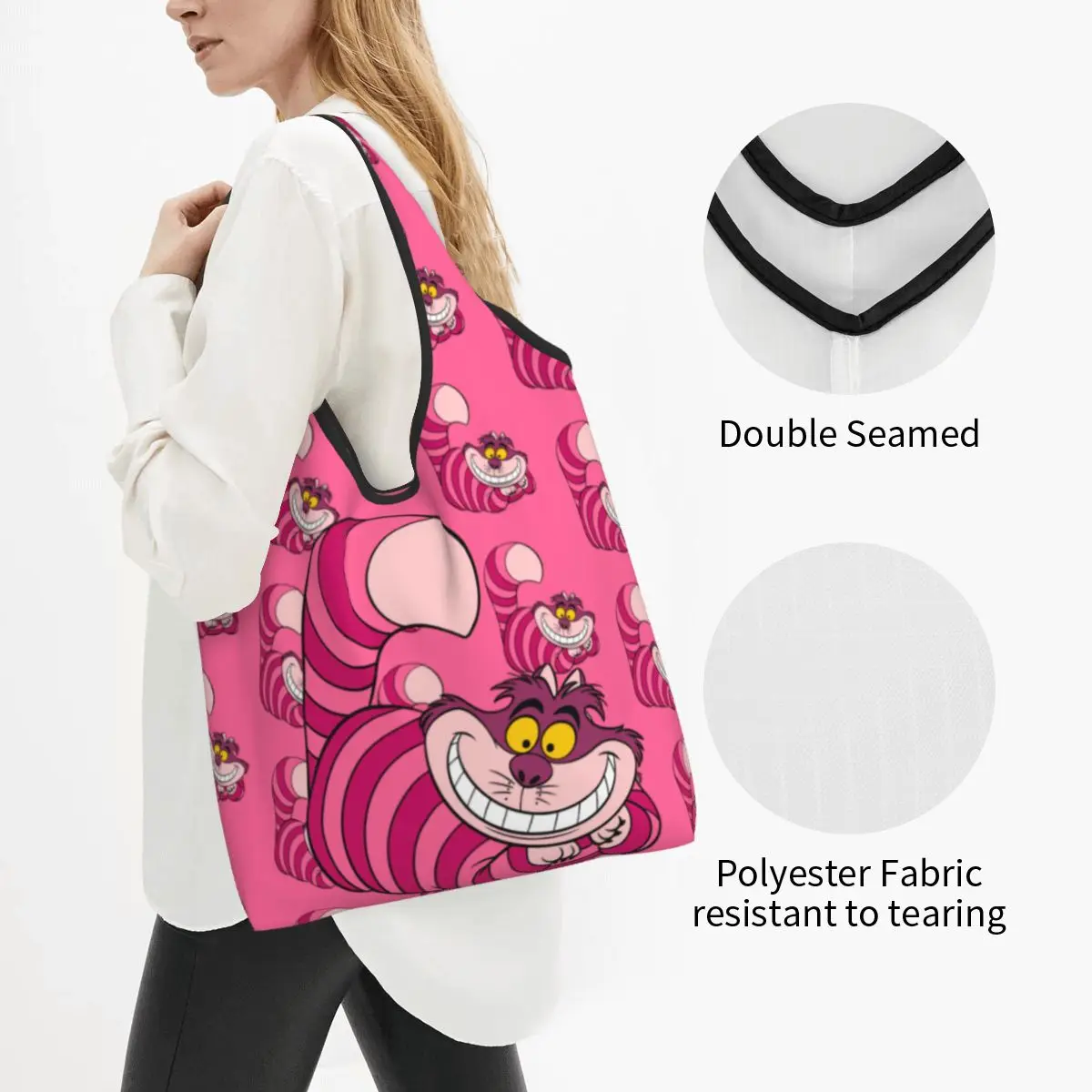 Custom Cheshire Cat Grocery Tote Shopping Bag Women Kawaii Alice In Wonderland Cartoon Shoulder Shopper Bag Handbags