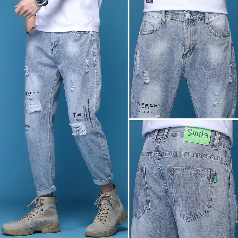 

Рваные джинсы мужские летние тонкие модные потертые свободные эластичные Универсальные джинсовые брюки в стиле ретро
