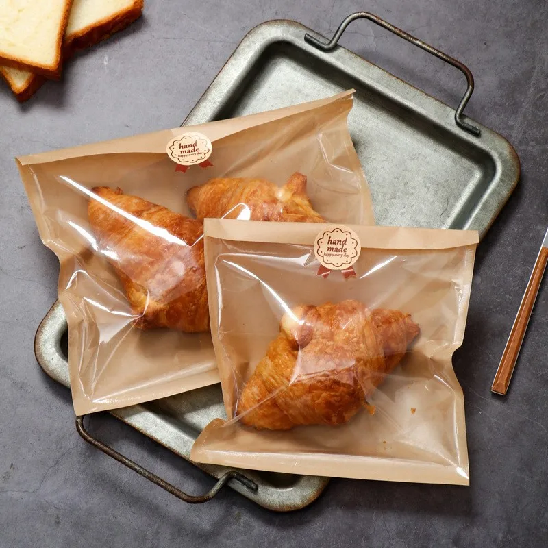 100 نصف غشاء ورقة كيس الخبز الخبز الحلوى الكرواسون نخب الغذاء شفافة التعبئة حقيبة كرافت ورقة حقيبة