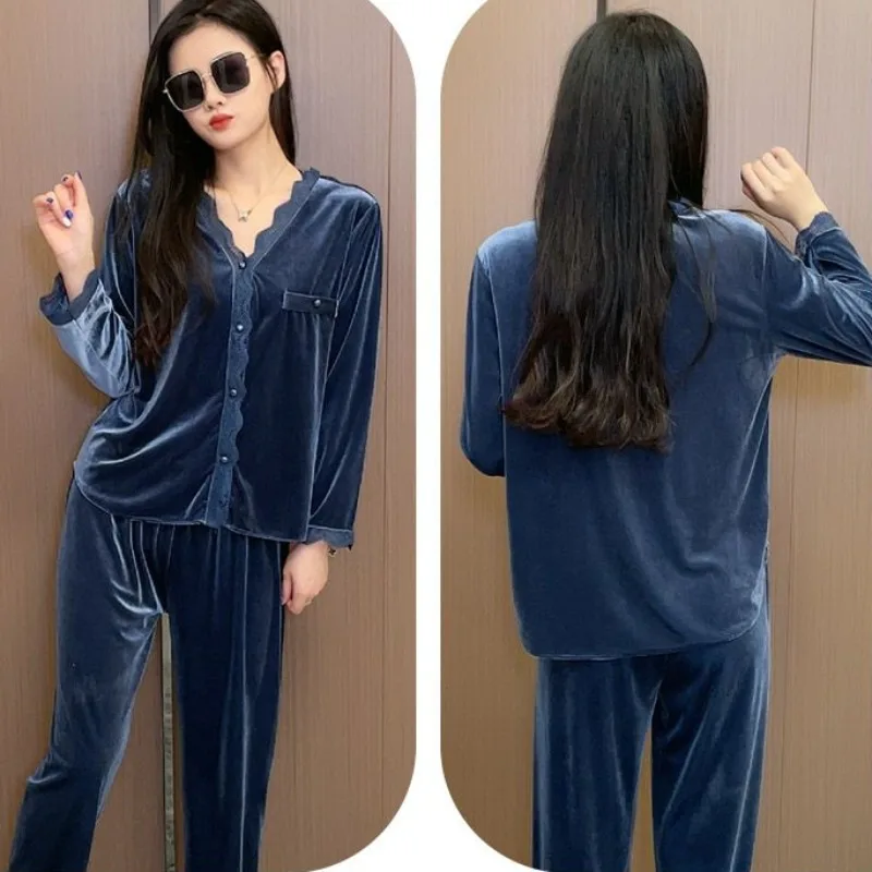 Pleuche Simple V-neck Pajamas Women\'s Spring Autumn Sleepwear Suit Winter Loungewear Wear 2024 New Solid Color Lace Homewear