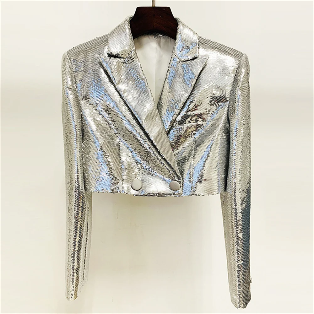 Ensemble de robe à paillettes scintillantes pour femmes, blazer court avec encolure de la présidence crantée et manches longues, olympiques à la mode pour femmes, 2 pièces