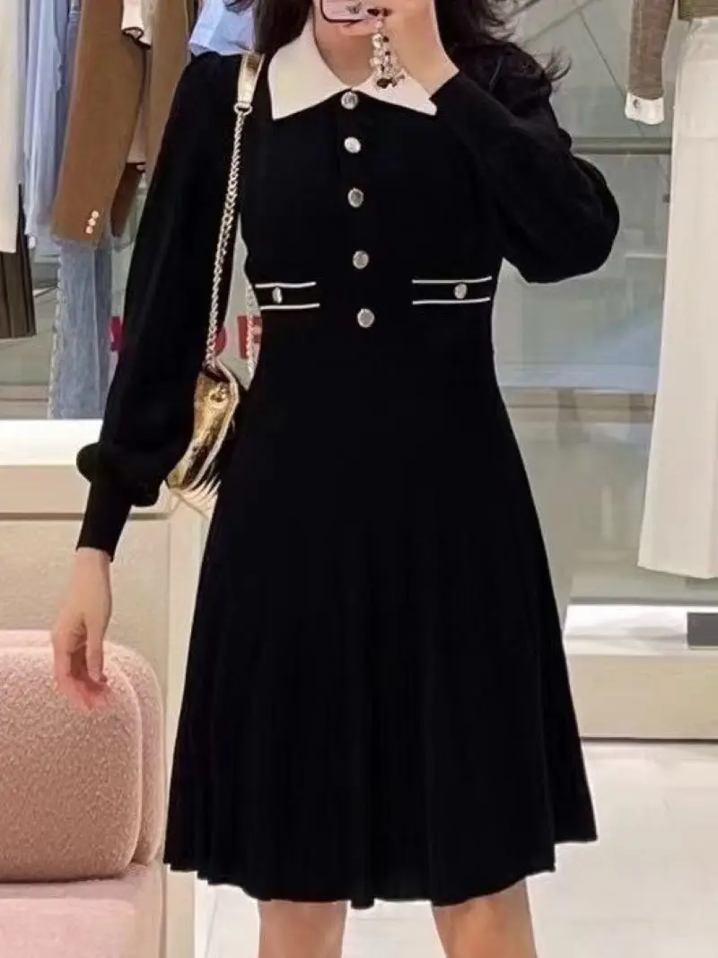 Autumn Winter Women\'s Black Dress Contrast Color Turn-down Collar Single Breasted Puff Sleeve Elegant Female Mini Robe