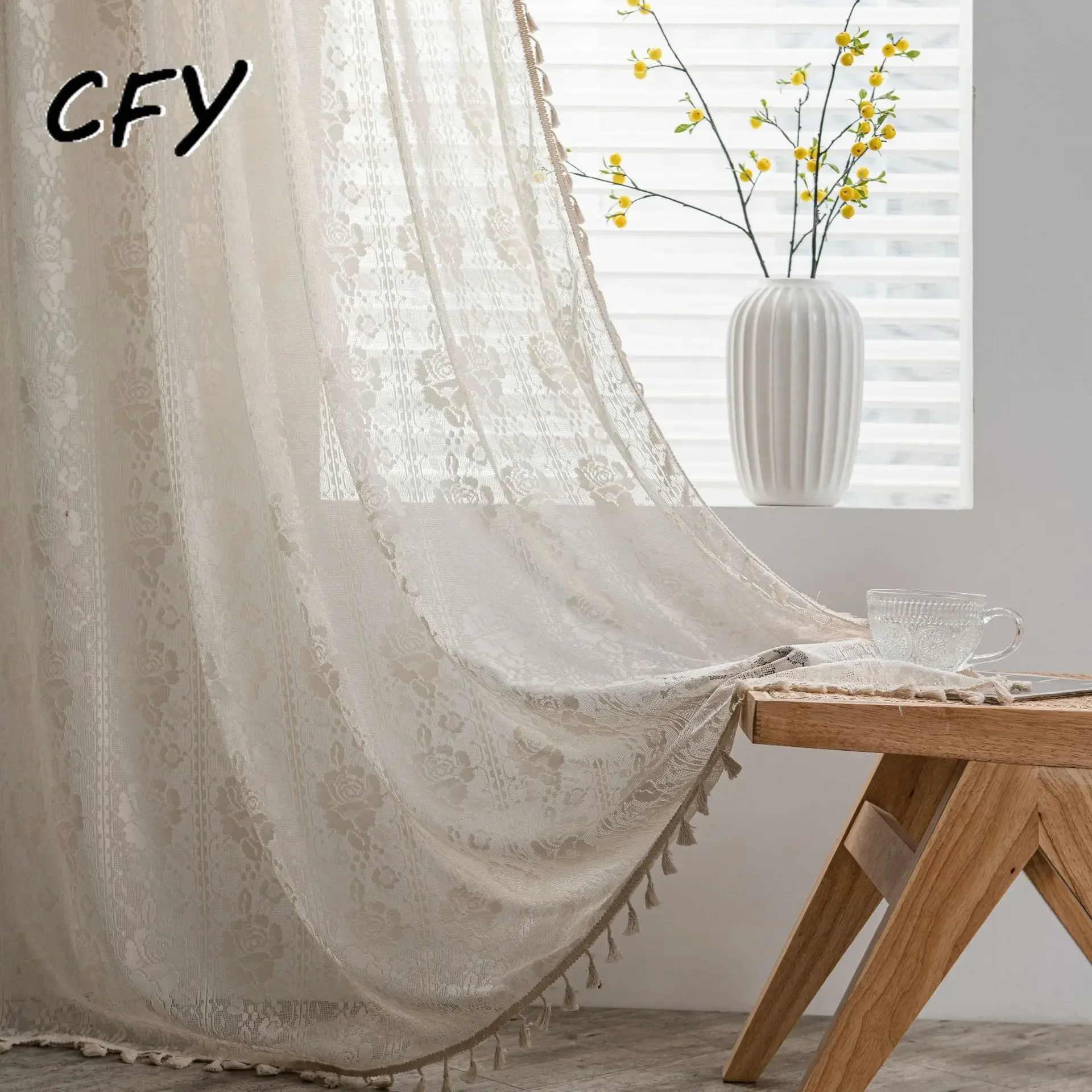 

American Country Rose Crochet Knit Hollowing Curtains with Tassel for Bedroom Drape Semi-shading Curtains In The Living Room