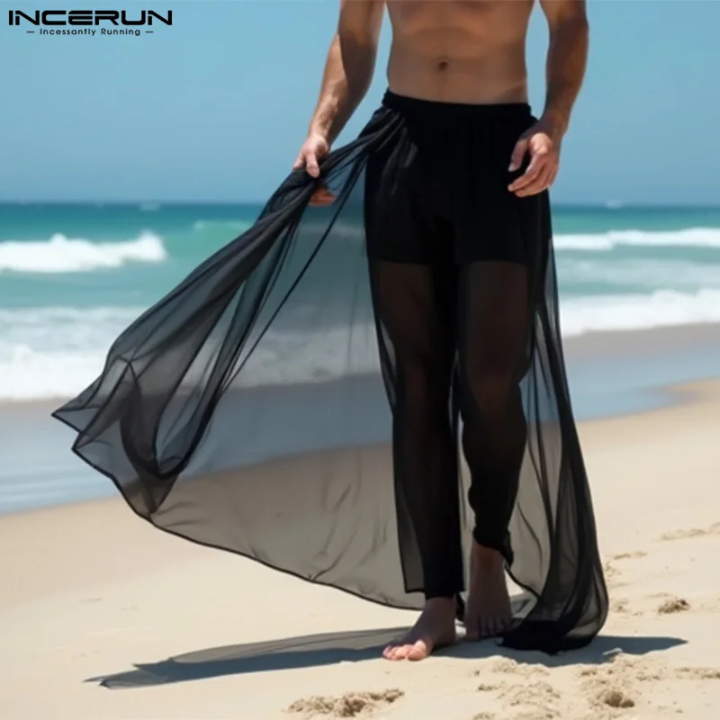 2024 INCERUN American Style See-Through Gauze Long Pants Men Casual Solid Color Fake Two Pieces Trousers Simple Gauzy Bottoms