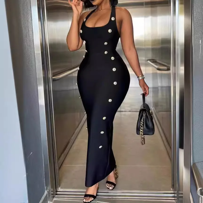 

Womens Dresses Fashion Sexy Solid Color 2025 Summer Fashion Halter Sleeveless Buttoned Casual Plain Maxi Bodycon Evening Dress