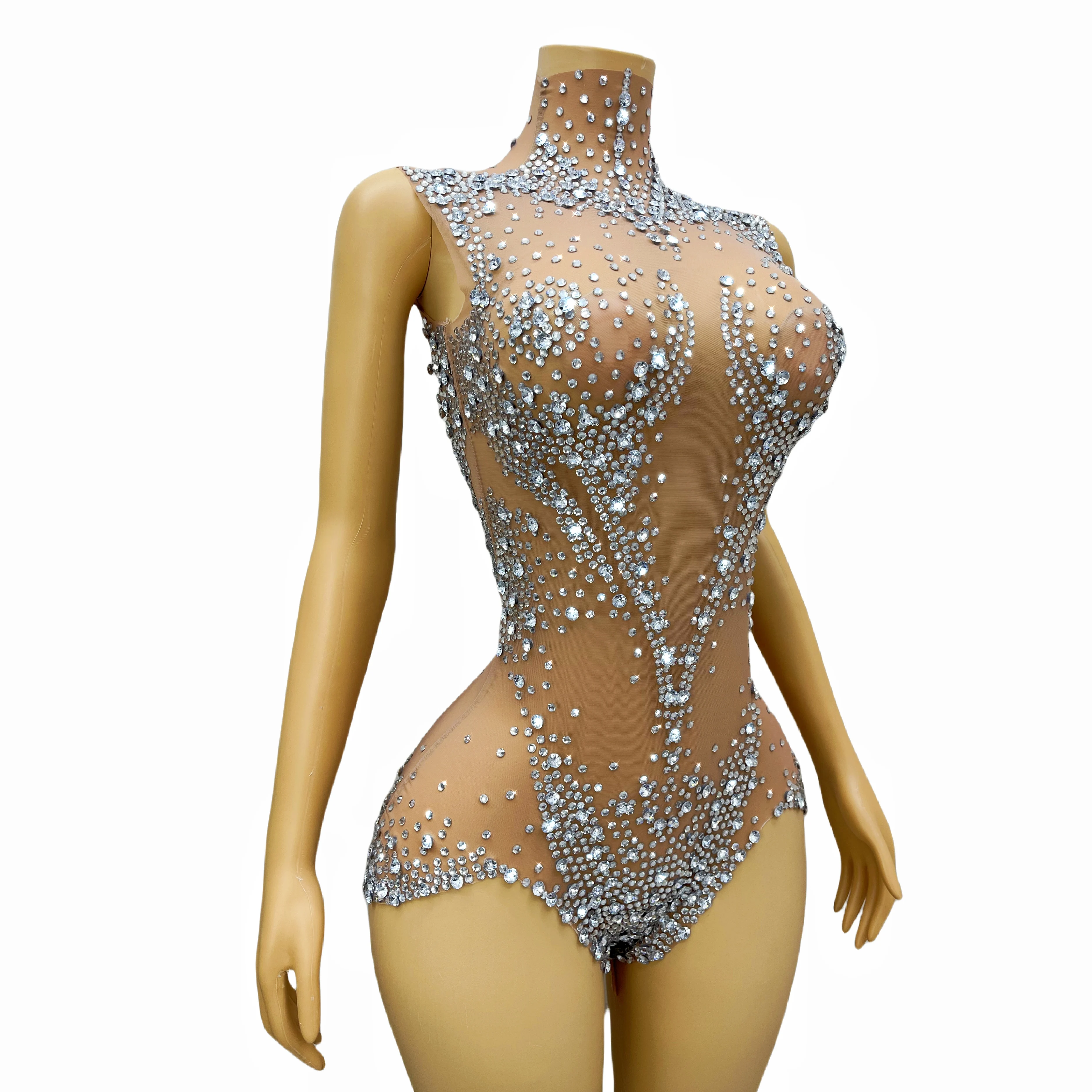 Diamantes de imitación hechos a mano de plata de lujo, medias transparentes sexis desnudas, disfraces de diamantes de imitación, bailarina de cantante de baile menglong