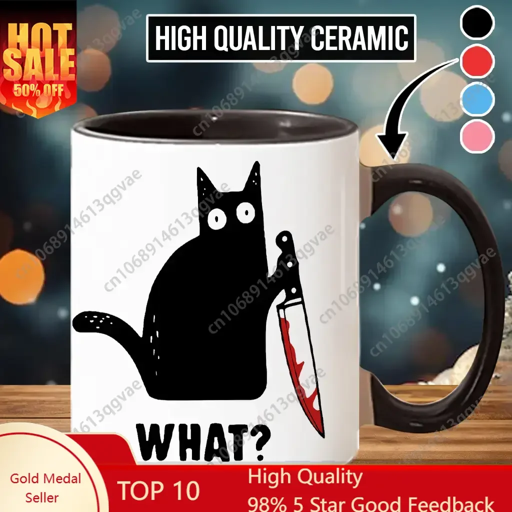 

Black Cat with Knife Gifts Funny Coffee Mug Man Woman 11 Oz Ceramic Mugs Beverage Cup / Water Cups