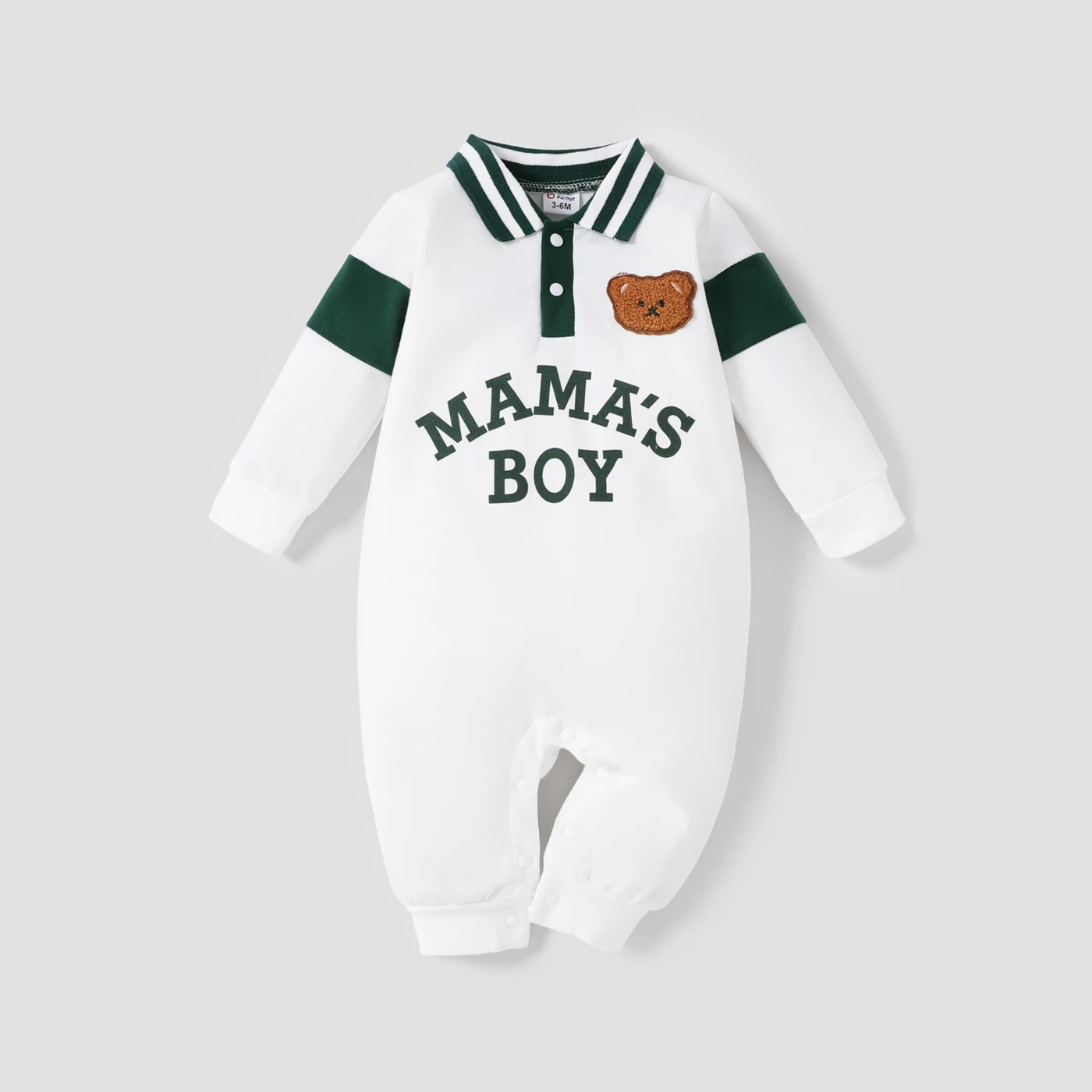 

PatPat Baby Boy Buttons Front Letters & Bear Graphic Lapel Collar Long-sleeve Jumpsuit