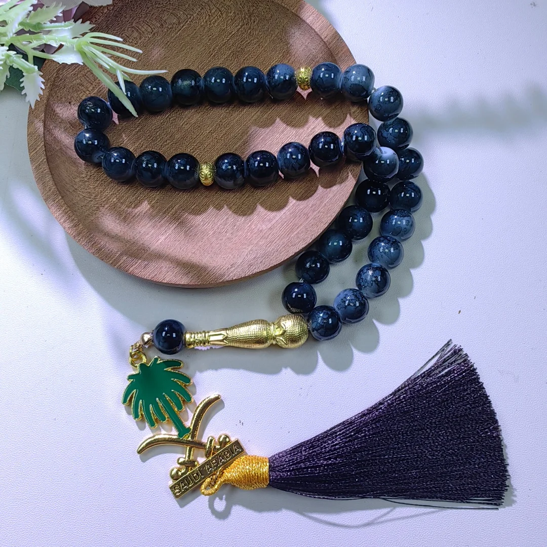 Saudi Arabia Style Tasbih Prayer Beads Green Marbled Texture Misbaha with Emblem Pendant Tassel Islamic Muslim Dhikr Rosary Reli