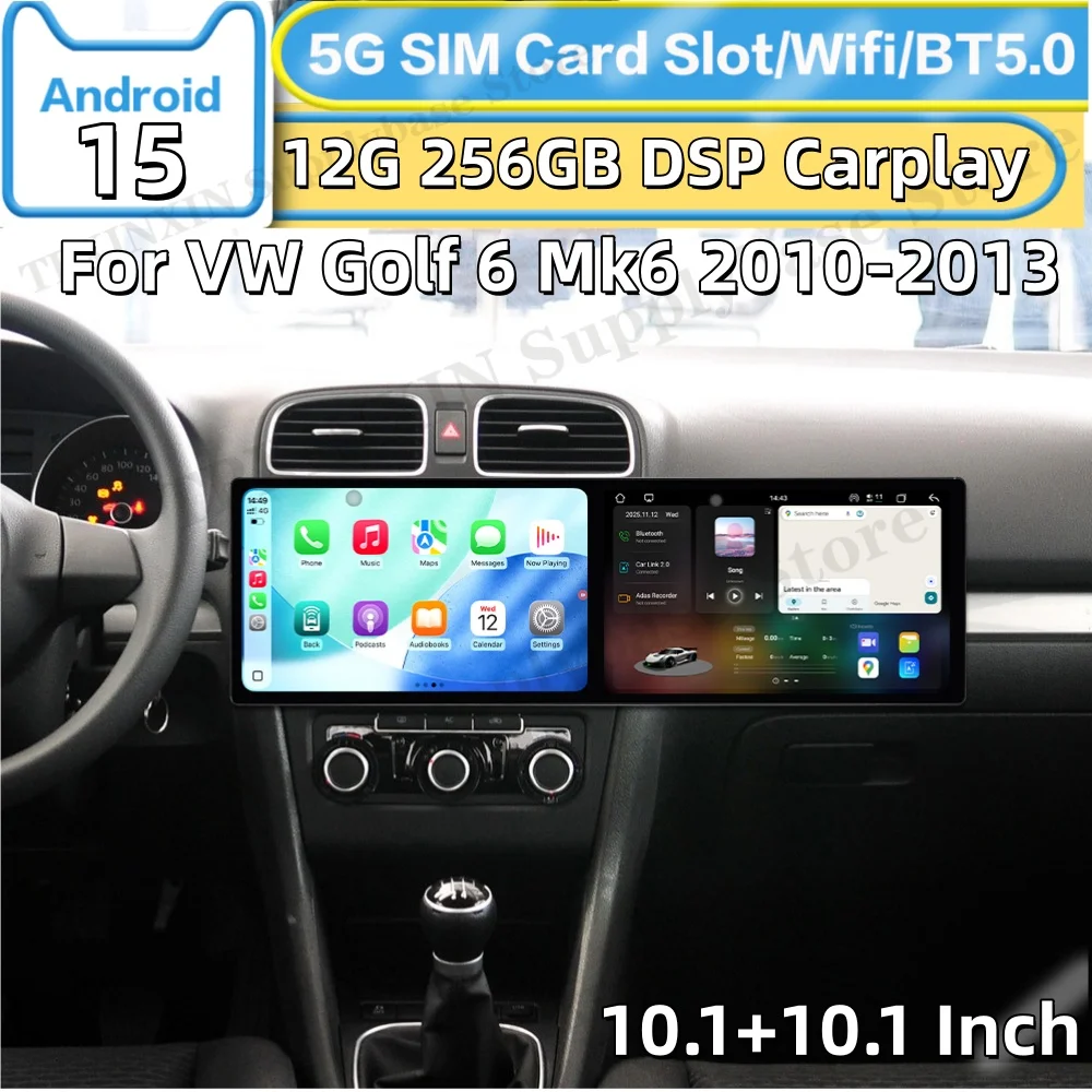 Dual Screen Interaction Android 15 For Volkswagen Golf 6 Mk6 2010~2013 Car Radio Multimedia GPS Navigation HD Screen Head Unit