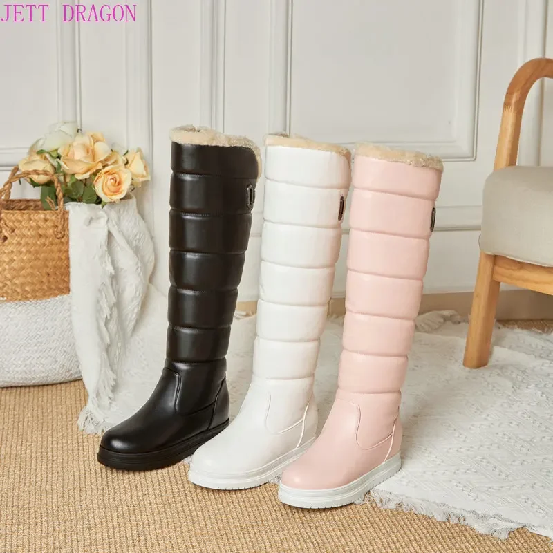 2024 Women Winter Warm Knee High Boots Platform Height Increasing Ladies Snow Boots PU Leather Side Zipper Round Toe Women Boots