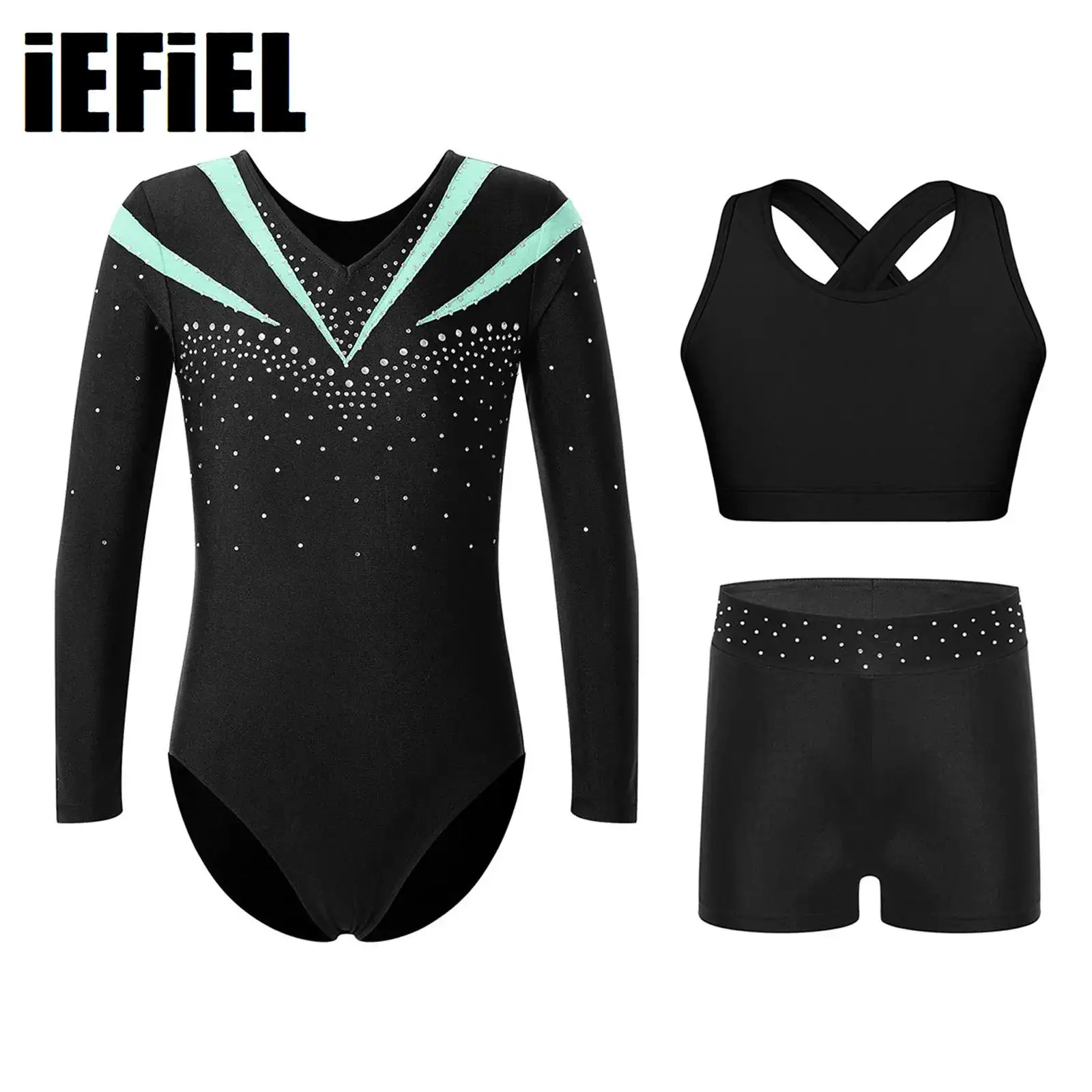 

Kids Girls Gymnastics Outfit V Neckline Contrast Color Dance Leotard with Cross Back Vest Top And Rhinestones Waistband Shorts