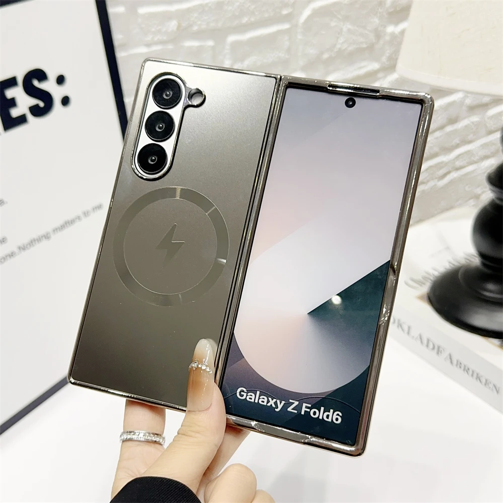 Fold7 Custodia per telefono di ricarica wireless galvanica di lusso per Samsung Galaxy Z Fold 7 3 4 5 6 per cover posteriore per telefono con placcatura magnetica
