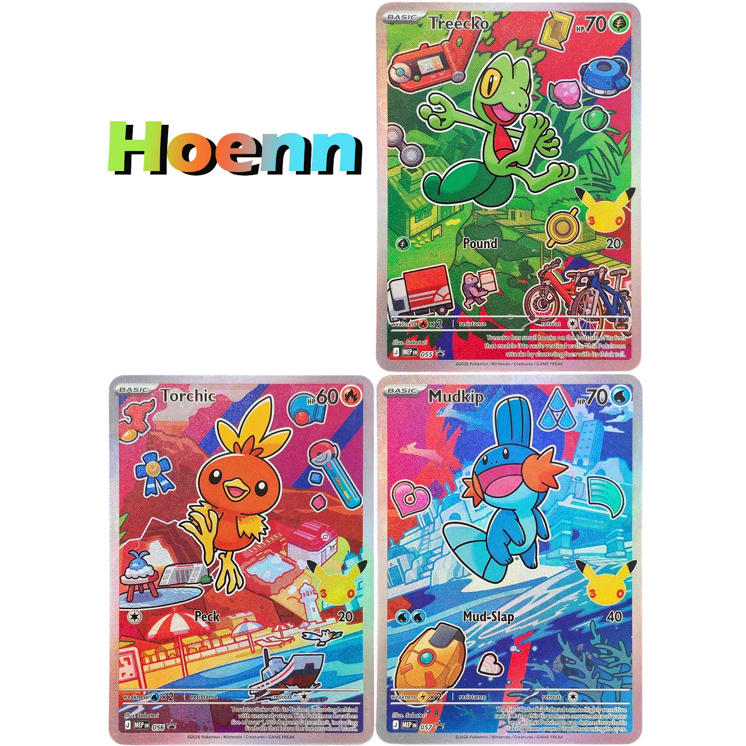 DIY Proxy PKM English 30th Celebration MEP Series 3 First Partner Hoenn Treecko #055 Mudkip #057 Torchic #056 Game Card Toy