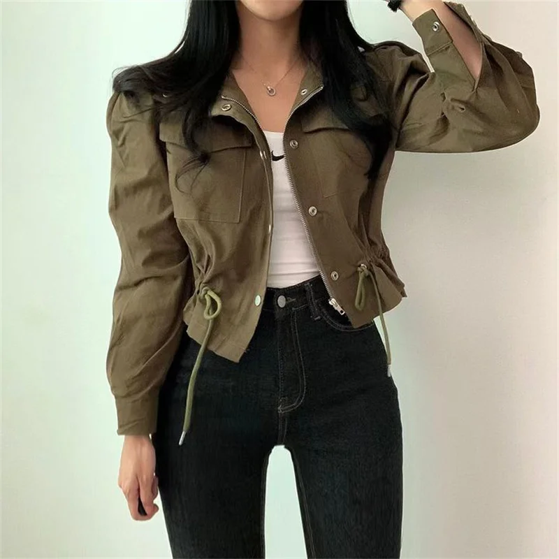 

Women Tooling Coat Black Korean Chic Fall Polo Neck Zipper Loose Pocket Drawstring Slim Jacket Women Army Green Windproof Coat