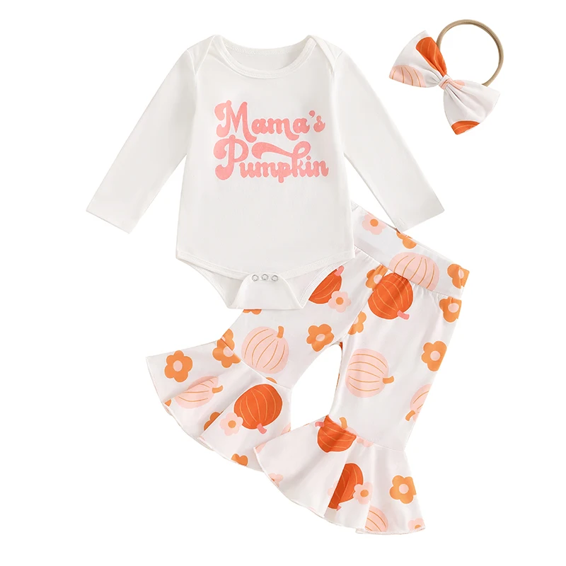 

Newborn Baby Girl Halloween Clothes Letter Romper Pumpkin Bell Bottom Pants Headband Infant Fall Winter Outfit