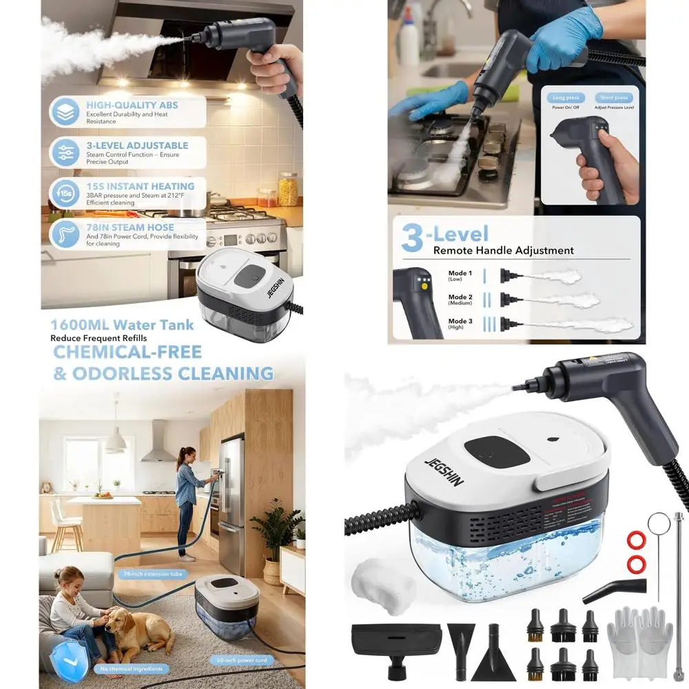 

Пароочиститель с 3-уровневой регулировкой, быстрый нагрев, резервуар 1,69 кварты, пароочиститель высокого давления с 17 насадками для кухни и ванной