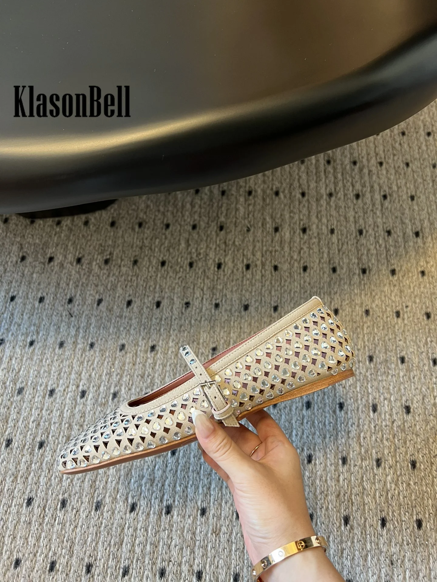 7.19 KasonBell Women Fashion Bling Love Crystal Hollow Out Ballet Flats Shoes Buckle Strap Square Toe Cow Suede Pumps