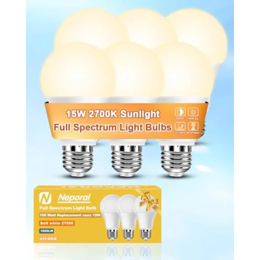 Full Spectrum Light Bulb 15W LED=100W, 2700K Flicker-Free Warm Light Bulbs, UV-Free and High CRI and Eye-Caring Sunlight Light