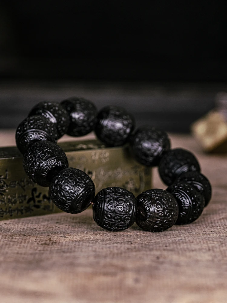 Bracelet Natural Yak Horn Hand Carved Beads Gradient Color BlackMen's and Women's Same Buddha Beads Crafts Ornament Chinese Gift