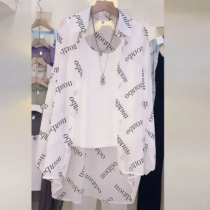 Women Letter Print Sexy Thin Sheer Button Up Shirt Summer Fashion Sunscreen Oversized Blouse Casual Long Sleeve Streetwear Tops