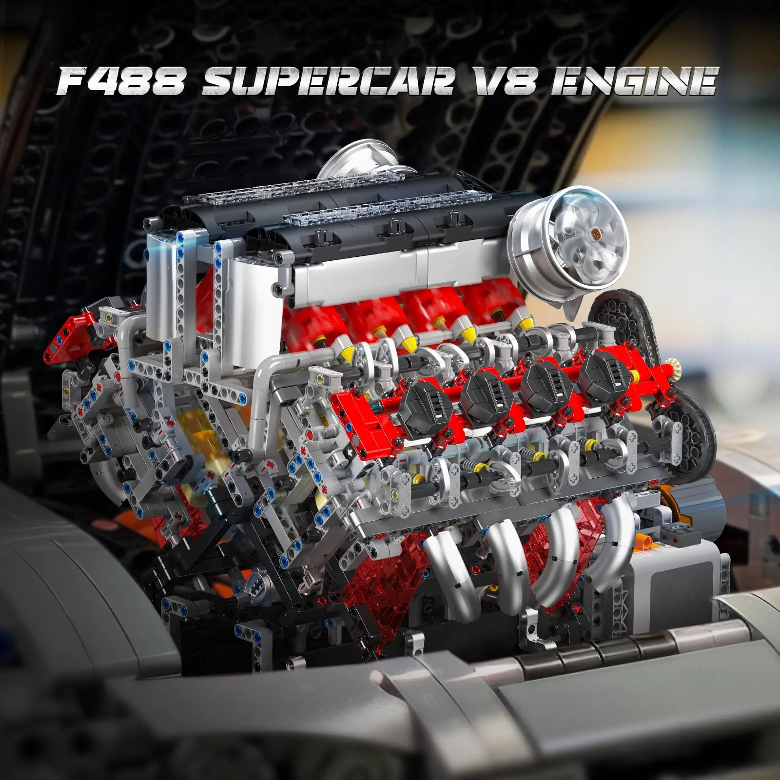 F488 Supercar V8 Engine Building Blocks Kit-2718Pcs Technology 10130 Motorized Model Twin-Turbo 8-Cyl Mechanical Engineering Set