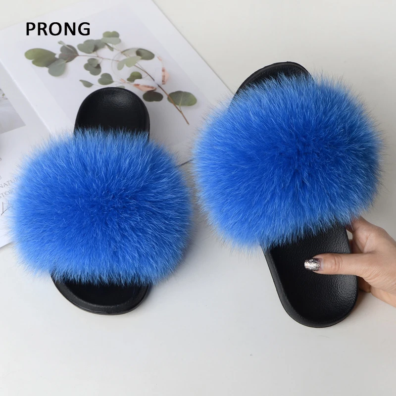 Women Real Fur Slippers Summer Indoor Fox Fur Slides Cute Non-slip Furry Slippers Woman Flat Floor Home Shoes Ladies Flip Flops