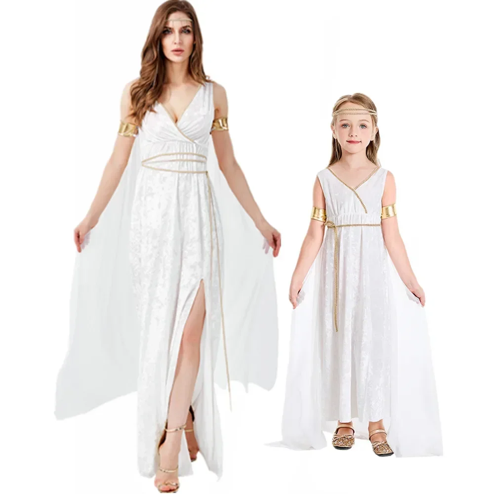 

Kids Adult Greek Goddess Costume Roman Grecian Toga Dress Athena Cosplay for Girls Women Purim Halloween Party Fantasia Dress Up