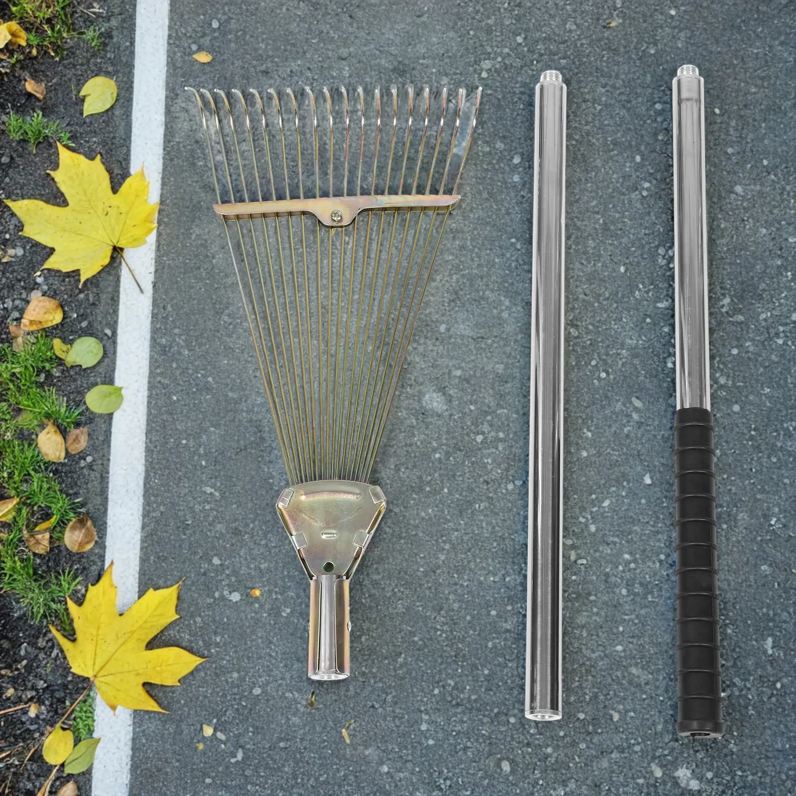 Rastrillo de Jardín de Acero Inoxidable con 18 Púas, Mango Desmontable, Herramienta para Limpiar Hojas y Residuos en Césped, Jardines, Macizos de Flores y Piscinas