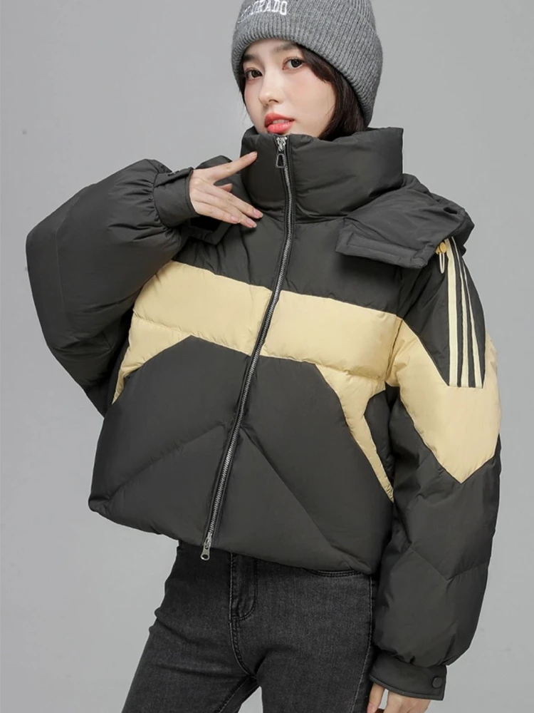 2024 Winter Coat Women New Color Blocking Hooded Down Jacket White Duck Down Stand Collar Windproof Casual Puffer Jacket