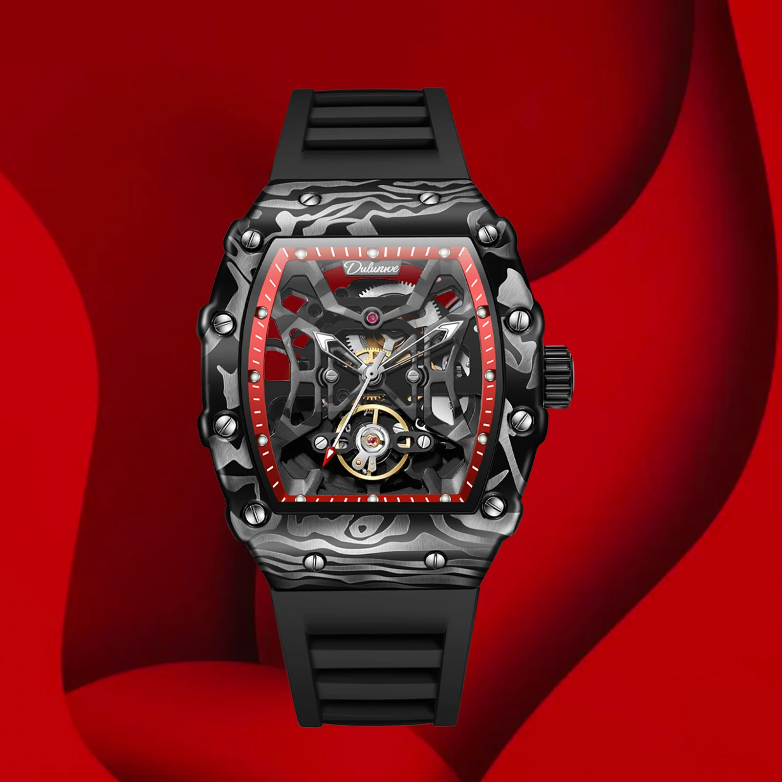 Dulunwe Mechanical Men's Automatic Watch Imitation Carbon Fiber Pattern Tonneau Design Waterproof Hollow Wristwatches For Men