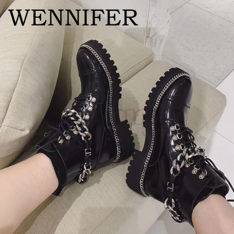 Knitting Pull-on Chunky Block Heel Knight Boots Round Toe Metal Chain Patent Leather Boots Ladies Leisure Rock Punk Ankle Botas