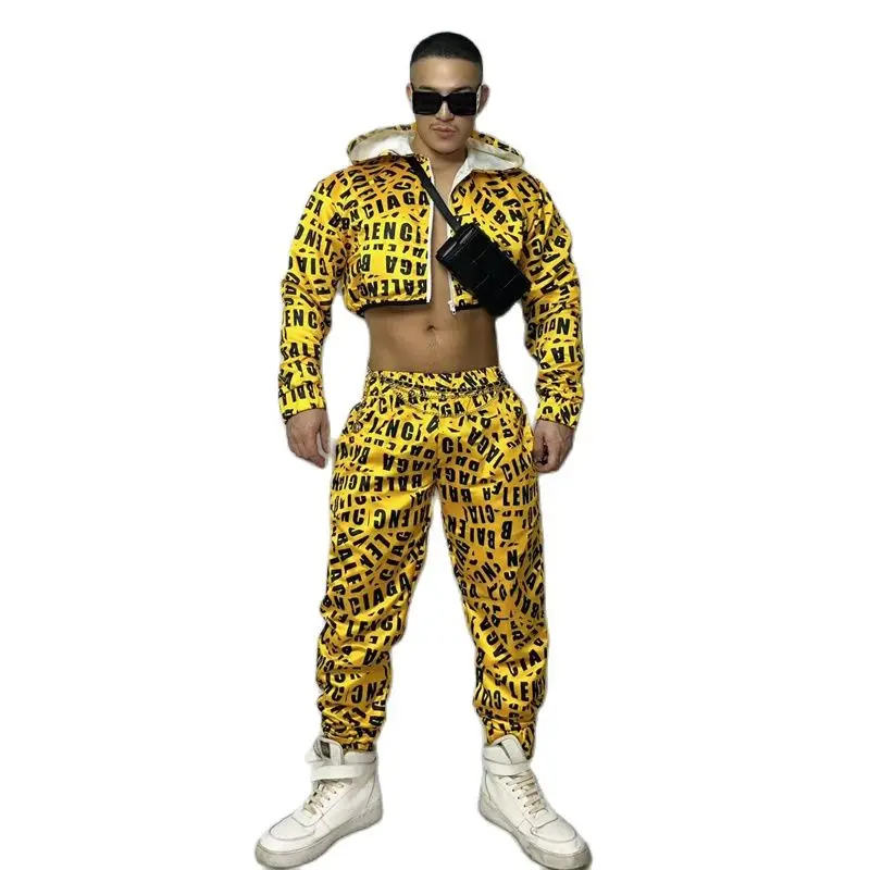 Hip-Hop Yellow Short Coat Pants For Men Nightclub Dj Ds Performance Wear Stage Show Jazz Dancer Costume Rave Outfits XS4232