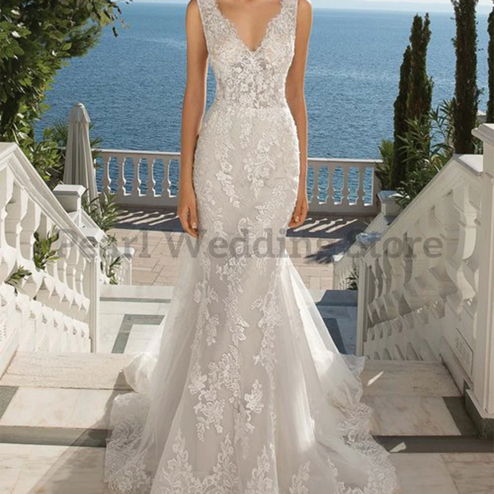 Pmwrun abito da sposa con scollo a v Appliques Illusion Mermaid Chapel Train sposa abiti da sposa di alta qualità Multi Size personalizzabile