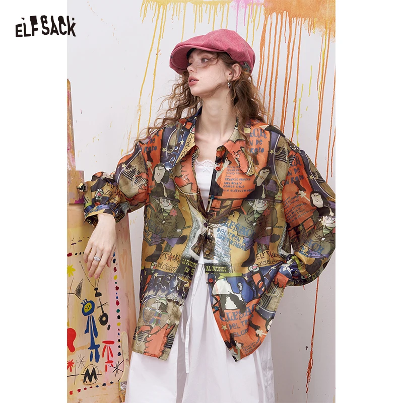 

ELFSACK Novelty Print Shirt with Bow Tie Collar and Puff Lantern Sleeves, Retro Oversized Collage Blouse, Preppy Sweet Top