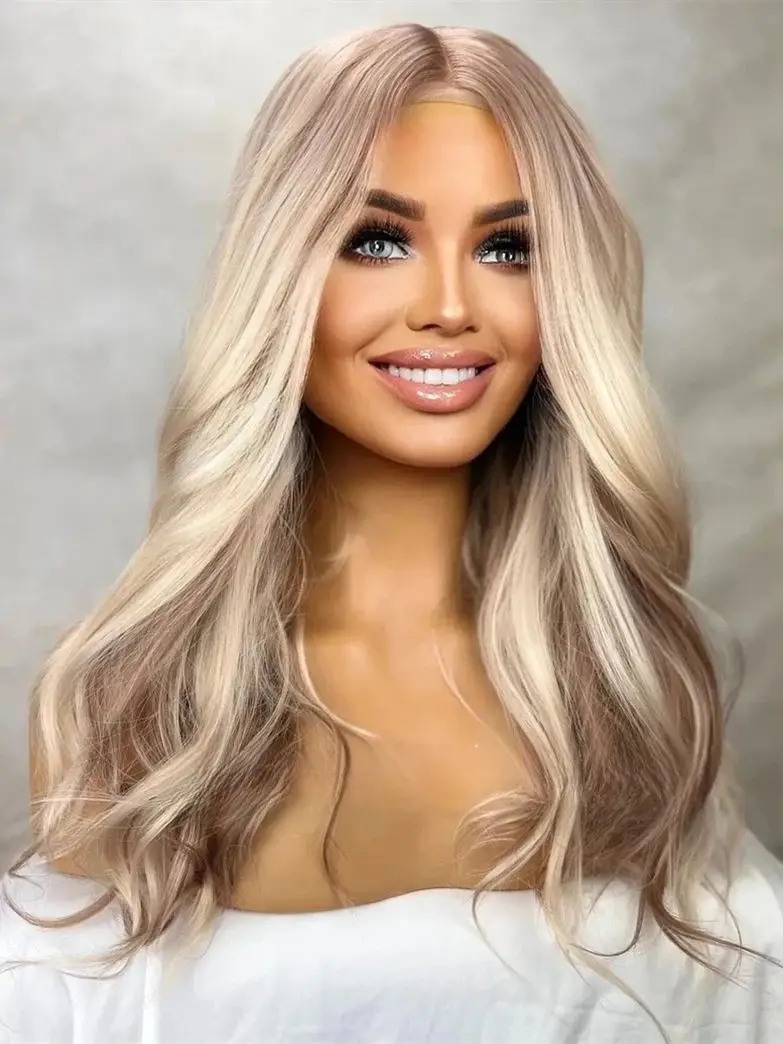 Ombre Ash Blonde Brown Loose Wave Heat Safe Lace Front Synthetic Wig Free Part Glueless Natural Looking Realistyczna peruka do włosów