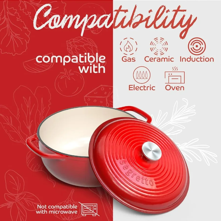 Enameled Cast Iron Dutch Oven with Handle, 6 Quarts, Rosso (Gradient Red) Cast Iron Dutch Oven with Lid | Enameled Crock Pot Dut