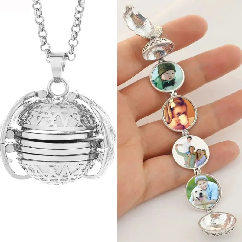 DIY 4 Photo Storage Pendant Metal Angel Wings Locket Necklace Jewelry Fashion Romantic Album Box Accessories Family Lover Gifts