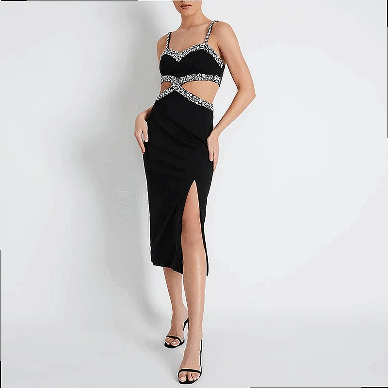 Sexy Diamond Strap Bodycon Little Black Dresses for Women Evening Dress Slim Party Jumpsuit Sets