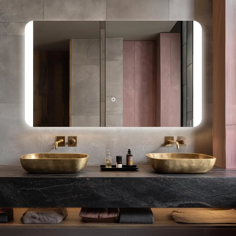 Espelho de vaidade retroiluminado LED retangular sem moldura para banheiro com cantos arredondados, resistente a estilhaços, regulável