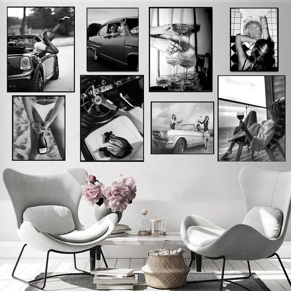 Black and White Retro Sexy Beauty Poster Disco Champagne Retro Woman on Car Canvas Printing Print Wall Art Decor Home Decoration